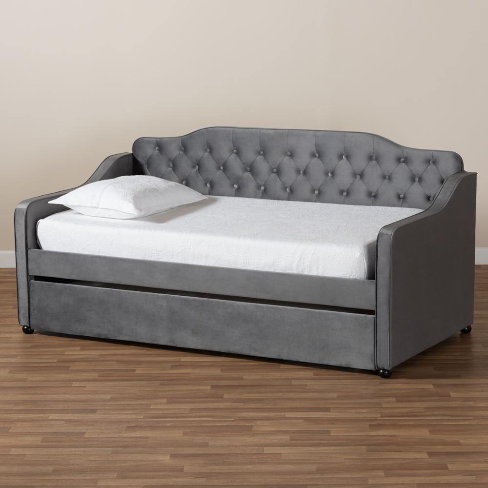 Freda Traditional and Transitional Grey Velvet Fabric Upholstered and Button Tufted Twin Size Daybed with Trundle FredCo