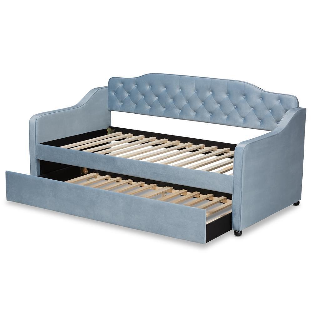 Freda Traditional and Transitional Light Blue Velvet Fabric Upholstered and Button Tufted Twin Size Daybed with Trundle FredCo