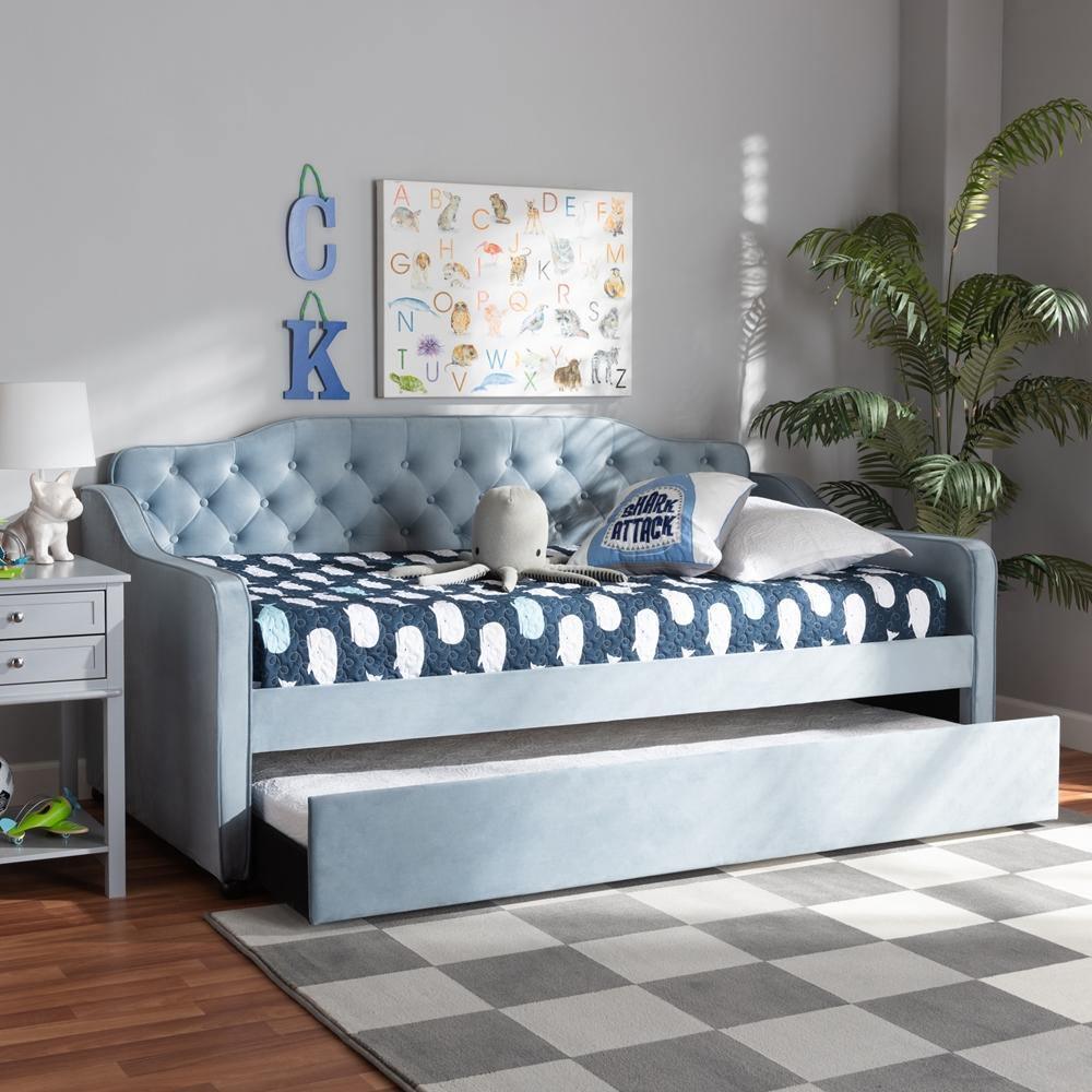 Freda Traditional and Transitional Light Blue Velvet Fabric Upholstered and Button Tufted Twin Size Daybed with Trundle FredCo