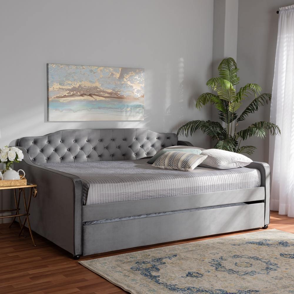 Freda Transitional and Contemporary Grey Velvet Fabric Upholstered and Button Tufted Full Size Daybed with Trundle FredCo