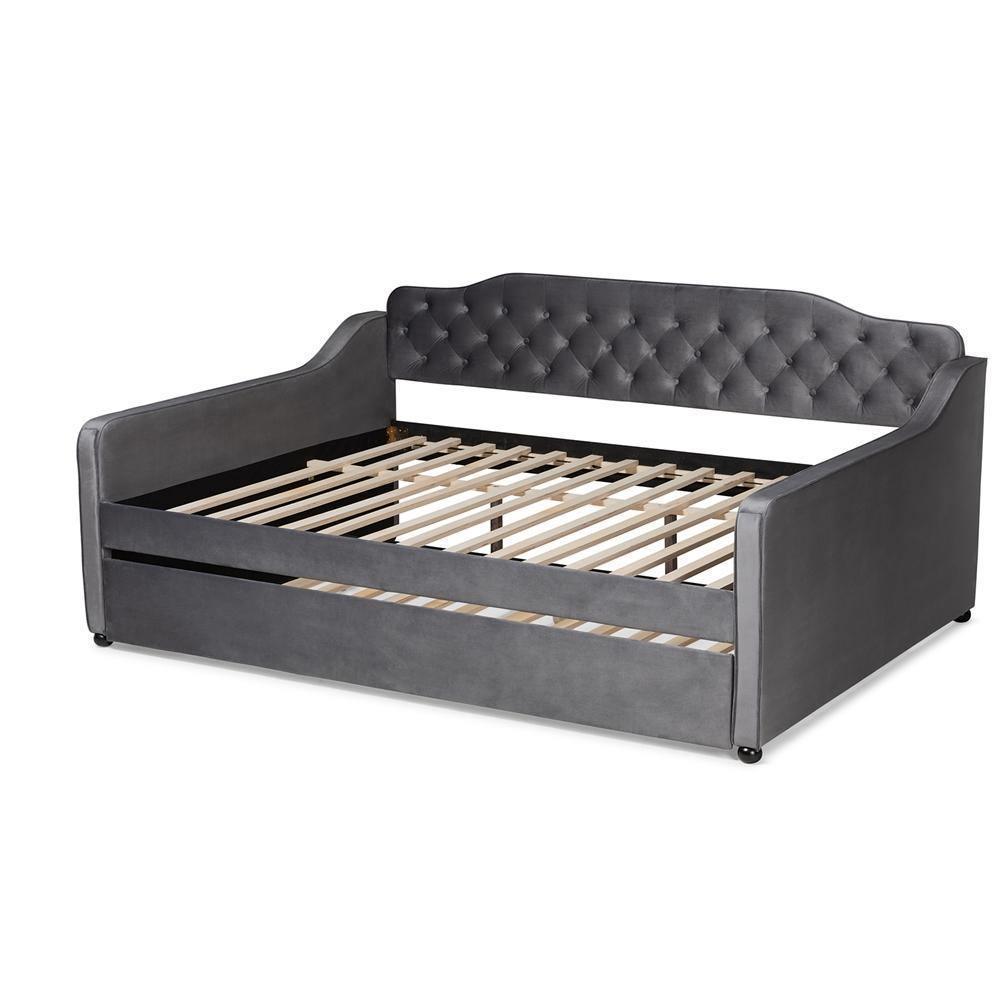Freda Transitional and Contemporary Grey Velvet Fabric Upholstered and Button Tufted Full Size Daybed with Trundle FredCo
