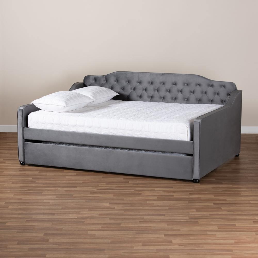 Freda Transitional and Contemporary Grey Velvet Fabric Upholstered and Button Tufted Full Size Daybed with Trundle FredCo