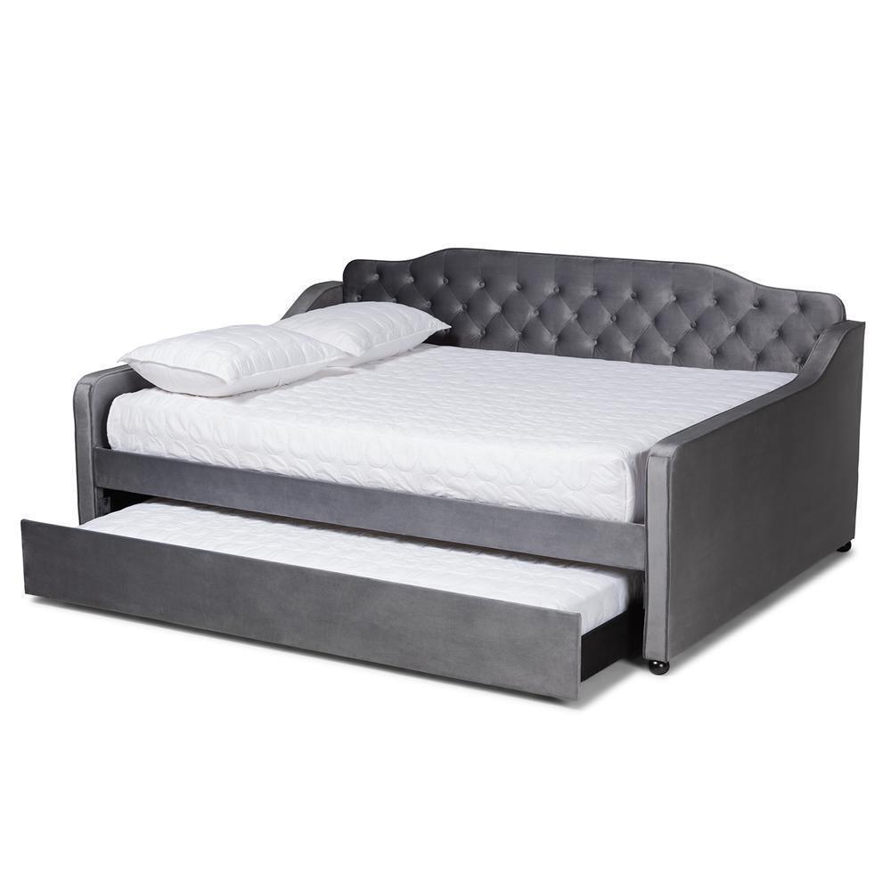 Freda Transitional and Contemporary Grey Velvet Fabric Upholstered and Button Tufted Full Size Daybed with Trundle FredCo
