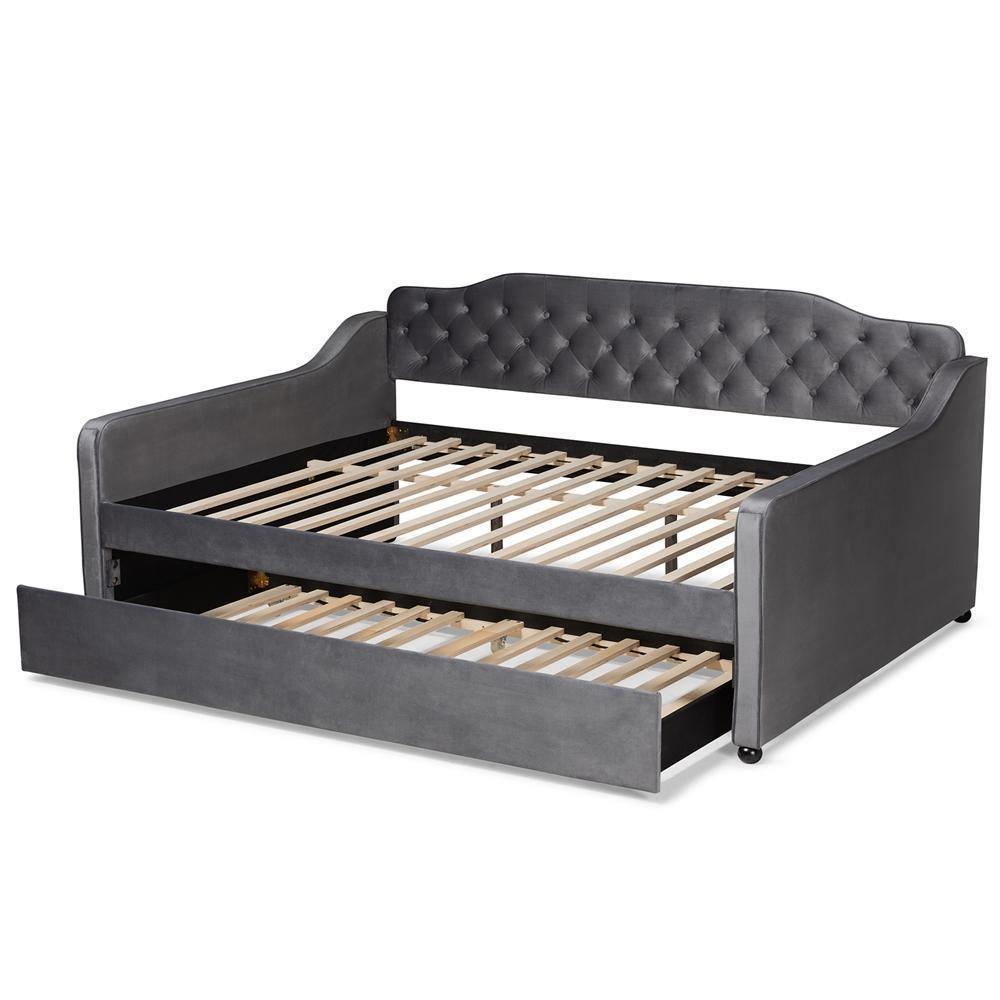 Freda Transitional and Contemporary Grey Velvet Fabric Upholstered and Button Tufted Full Size Daybed with Trundle FredCo
