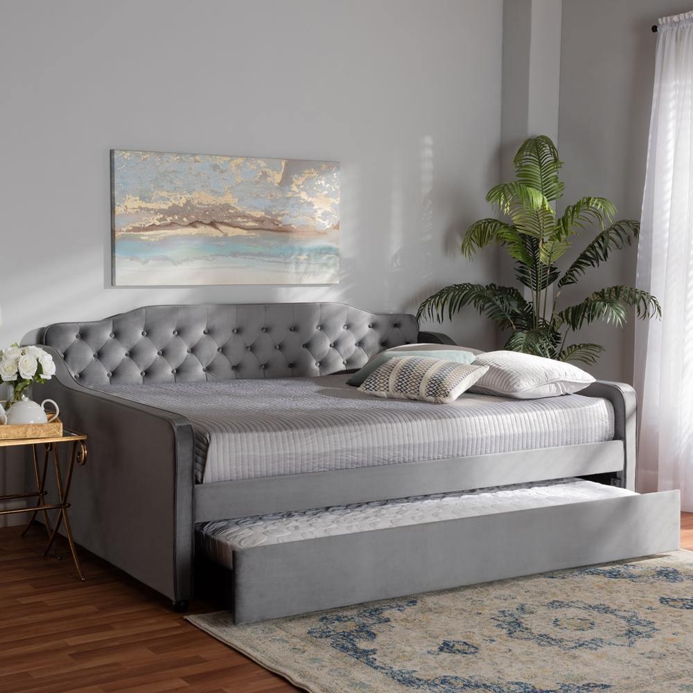 Freda Transitional and Contemporary Grey Velvet Fabric Upholstered and Button Tufted Full Size Daybed with Trundle FredCo