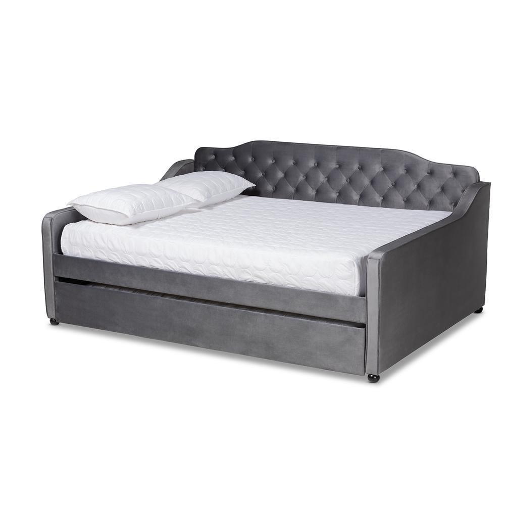 Freda Transitional and Contemporary Grey Velvet Fabric Upholstered and Button Tufted Queen Size Daybed with Trundle FredCo
