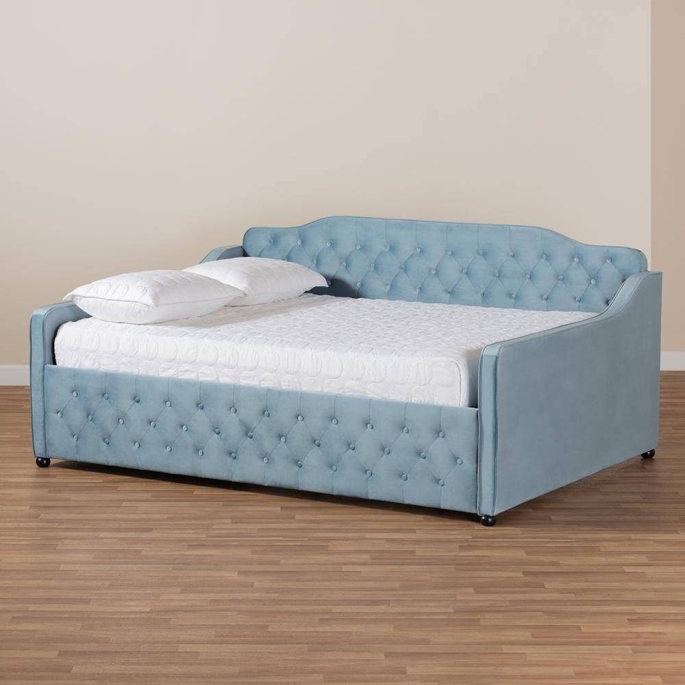 Freda Transitional and Contemporary Light Blue Velvet Fabric Upholstered and Button Tufted Full Size Daybed FredCo