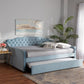 Freda Transitional and Contemporary Light Blue Velvet Fabric Upholstered and Button Tufted Full Size Daybed with Trundle FredCo