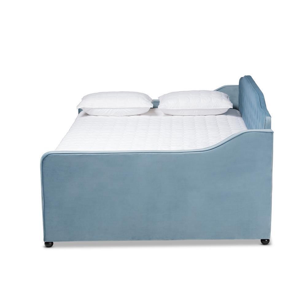 Freda Transitional and Contemporary Light Blue Velvet Fabric Upholstered and Button Tufted Queen Size Daybed FredCo
