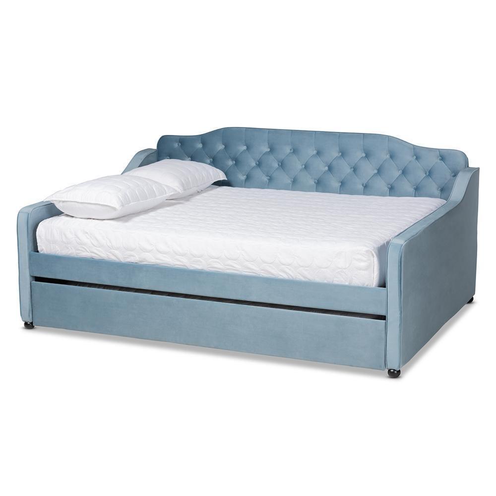 Freda Transitional and Contemporary Light Blue Velvet Fabric Upholstered and Button Tufted Queen Size Daybed with Trundle FredCo