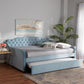 Freda Transitional and Contemporary Light Blue Velvet Fabric Upholstered and Button Tufted Queen Size Daybed with Trundle FredCo