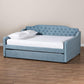 Freda Transitional and Contemporary Light Blue Velvet Fabric Upholstered and Button Tufted Queen Size Daybed with Trundle FredCo