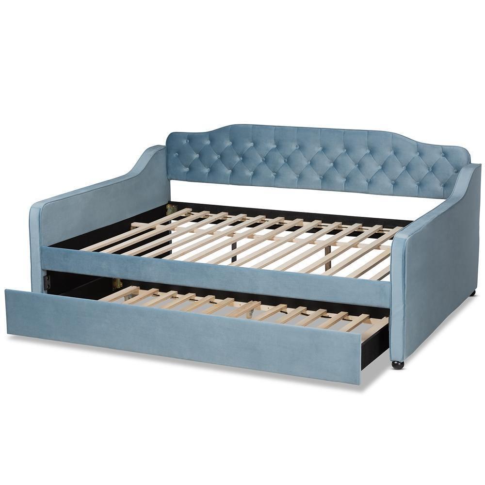 Freda Transitional and Contemporary Light Blue Velvet Fabric Upholstered and Button Tufted Queen Size Daybed with Trundle FredCo