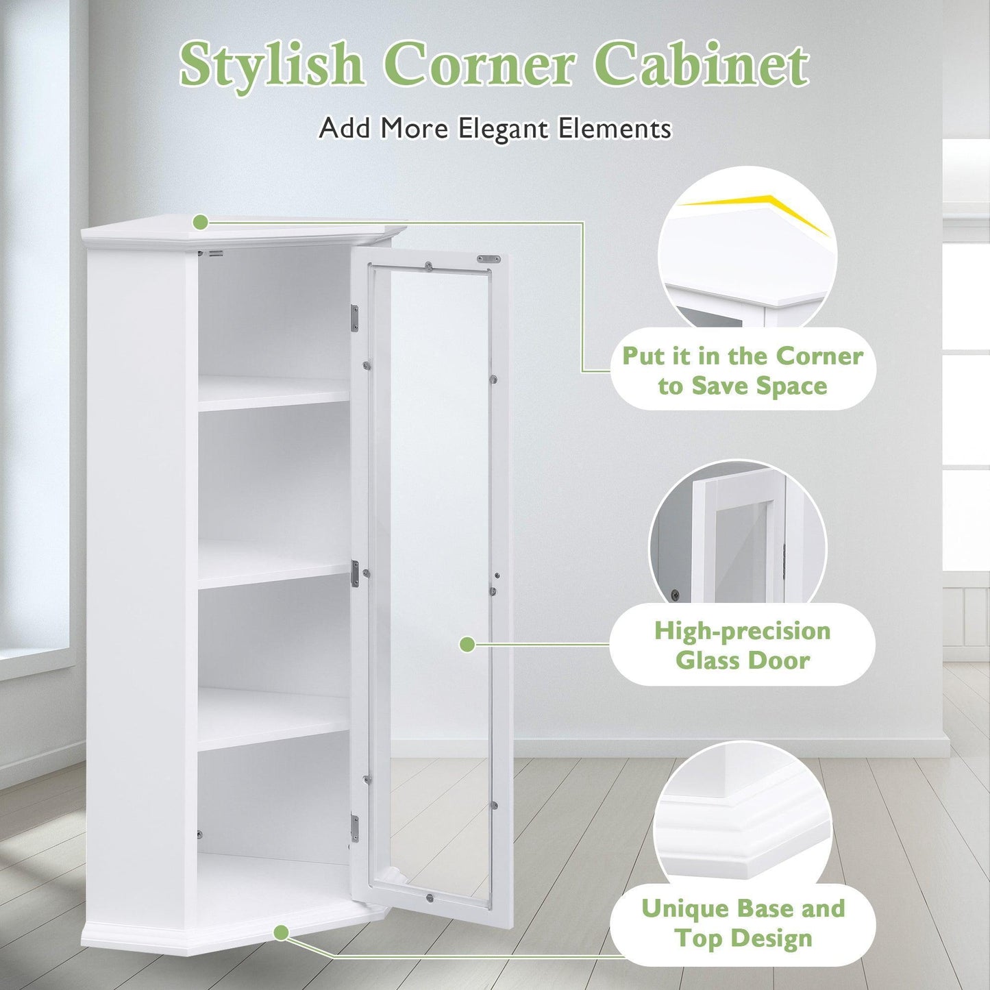 Freestanding Bathroom Cabinet with Glass Door, Corner Storage Cabinet, White FredCo