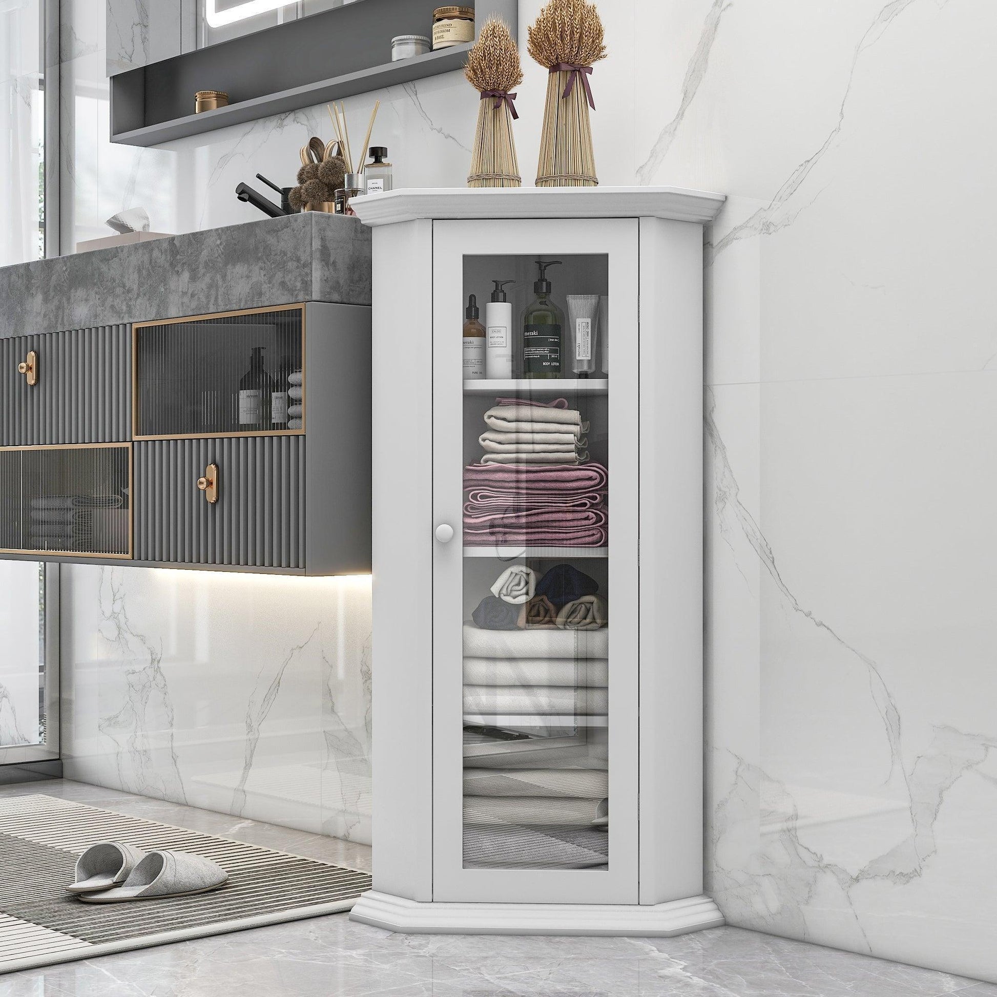 Freestanding Bathroom Cabinet with Glass Door, Corner Storage Cabinet, White FredCo