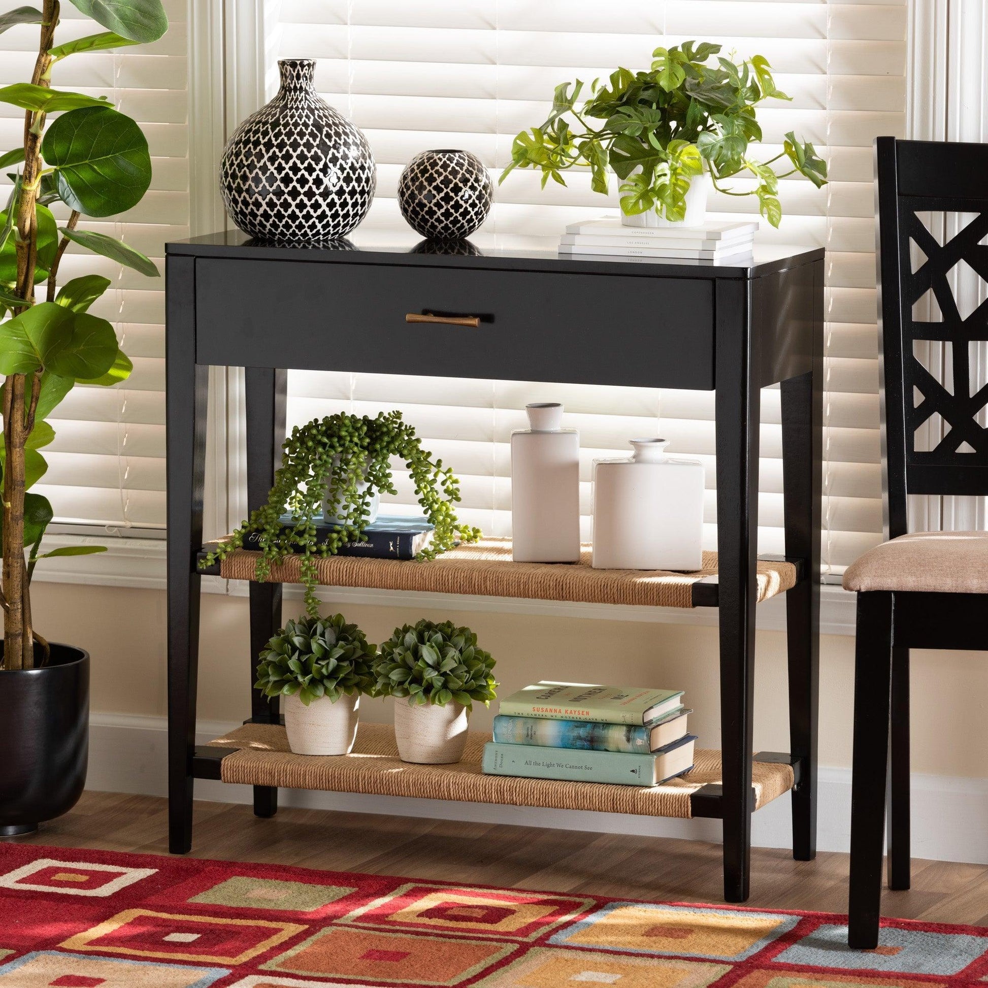Freya Modern Bohemian Black Finished Bayur Wood 1-Drawer Console Table FredCo