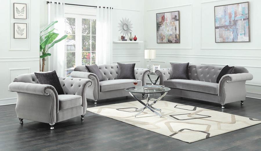 Frostine Upholstered Tufted Living Room Set Silver 551161-S3 Coaster FredCo