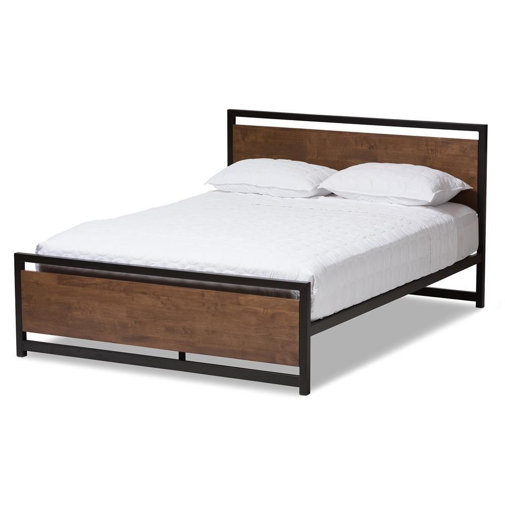 Gabby Industrial Style Antique Bronze Finished Metal and Walnut Wood Queen Size Platform Bed FredCo