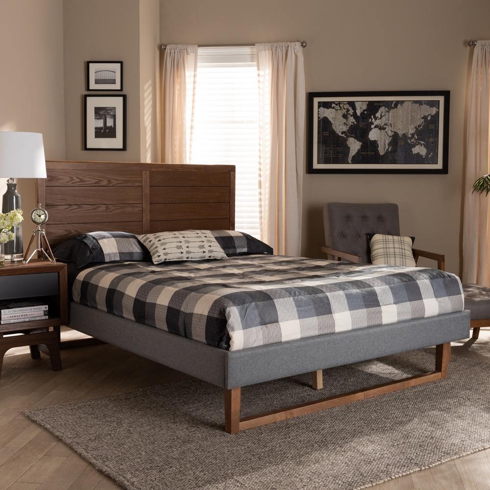 Gabriela Rustic Modern Dark Grey Fabric Upholstered and Ash Walnut Brown Finished Wood Queen Size Platform Bed FredCo