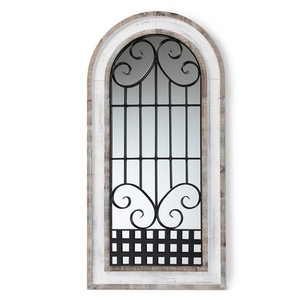 Gael Vintage Classic and Traditional Weathered White Finished Wood and Black Finished Metal Arched Accent Wall Mirror FredCo
