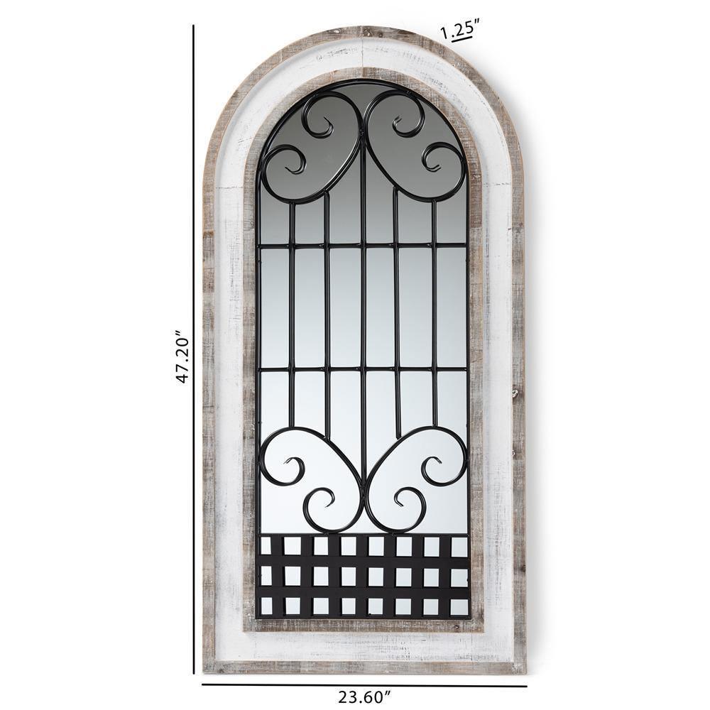 Gael Vintage Classic and Traditional Weathered White Finished Wood and Black Finished Metal Arched Accent Wall Mirror FredCo