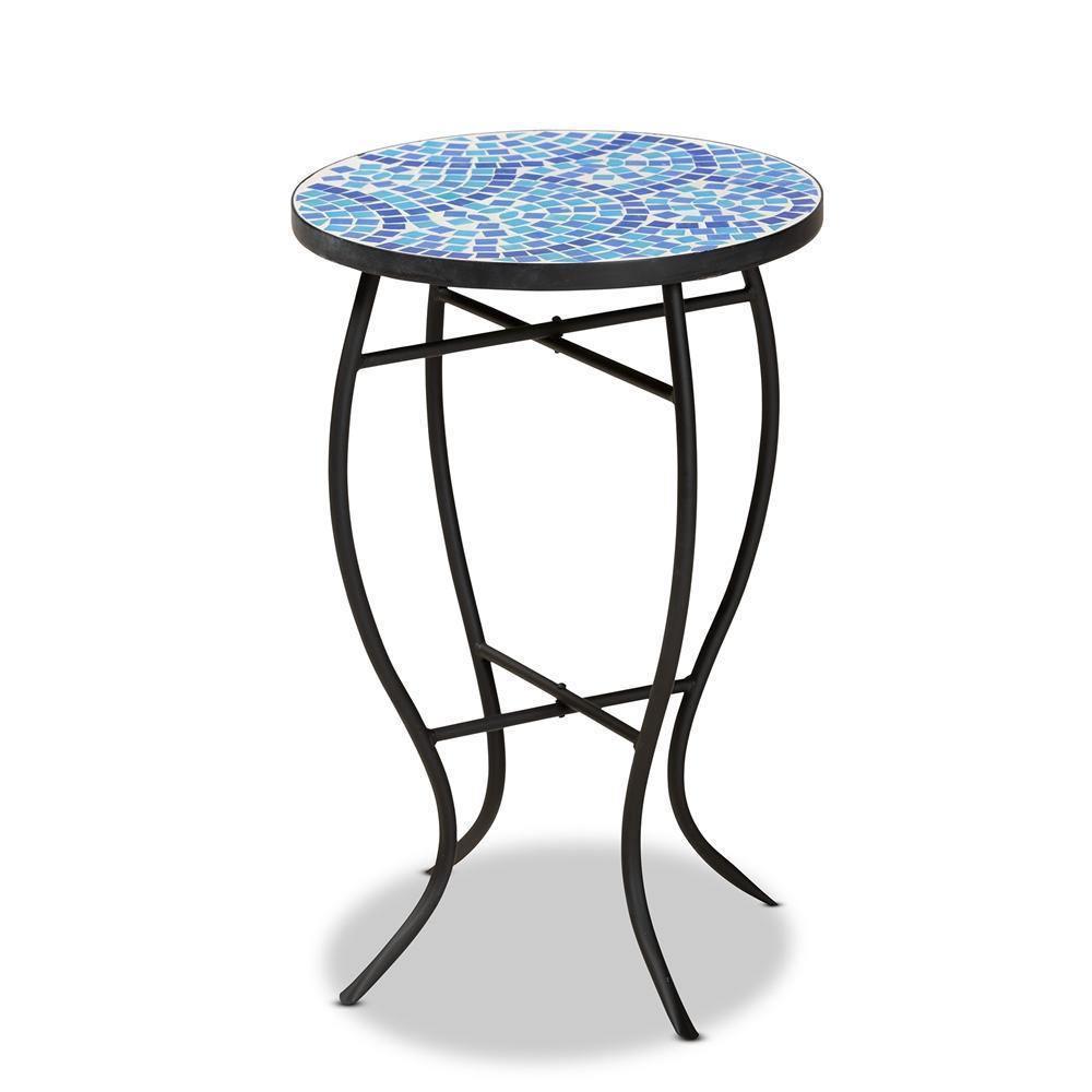 Gaenor Modern and Contemporary Black Metal and Blue Glass Plant Stand FredCo