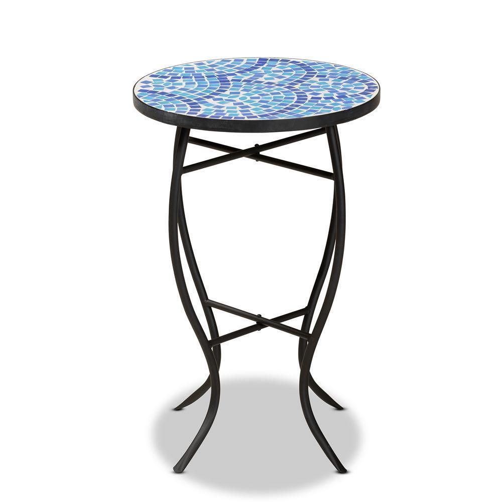 Gaenor Modern and Contemporary Black Metal and Blue Glass Plant Stand FredCo