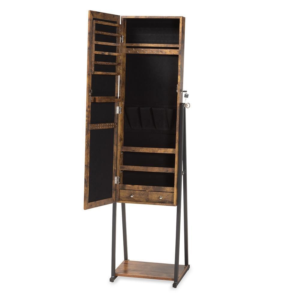Ganit Modern and Contemporary Walnut Brown Finished Wood and Black Metal Jewelry Armoire with Mirror FredCo