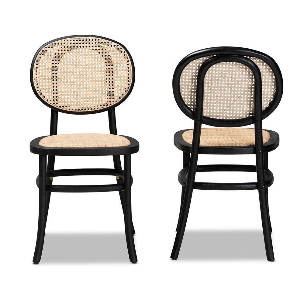 Garold Mid-Century Modern Brown Woven Rattan and Black Wood 2-Piece Cane Dining Chair Set FredCo