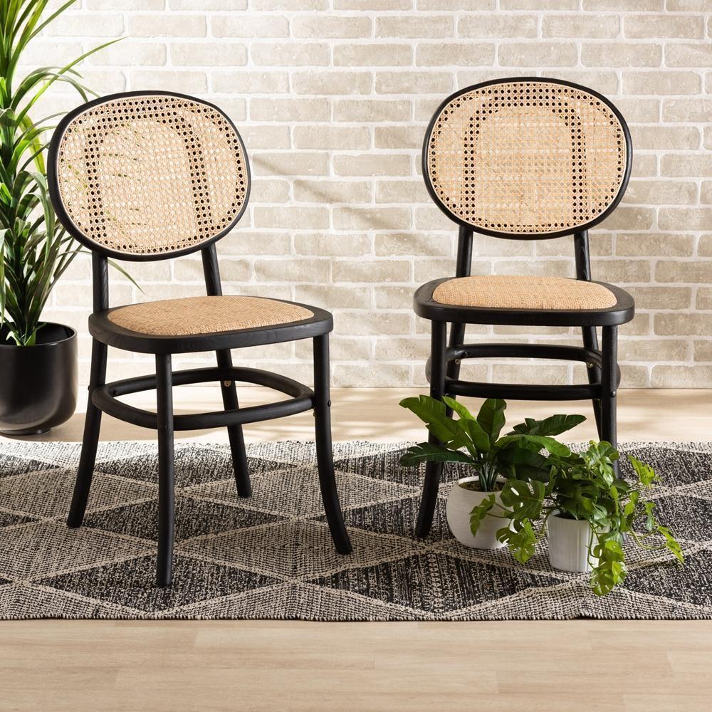 Garold Mid-Century Modern Brown Woven Rattan and Black Wood 2-Piece Cane Dining Chair Set FredCo