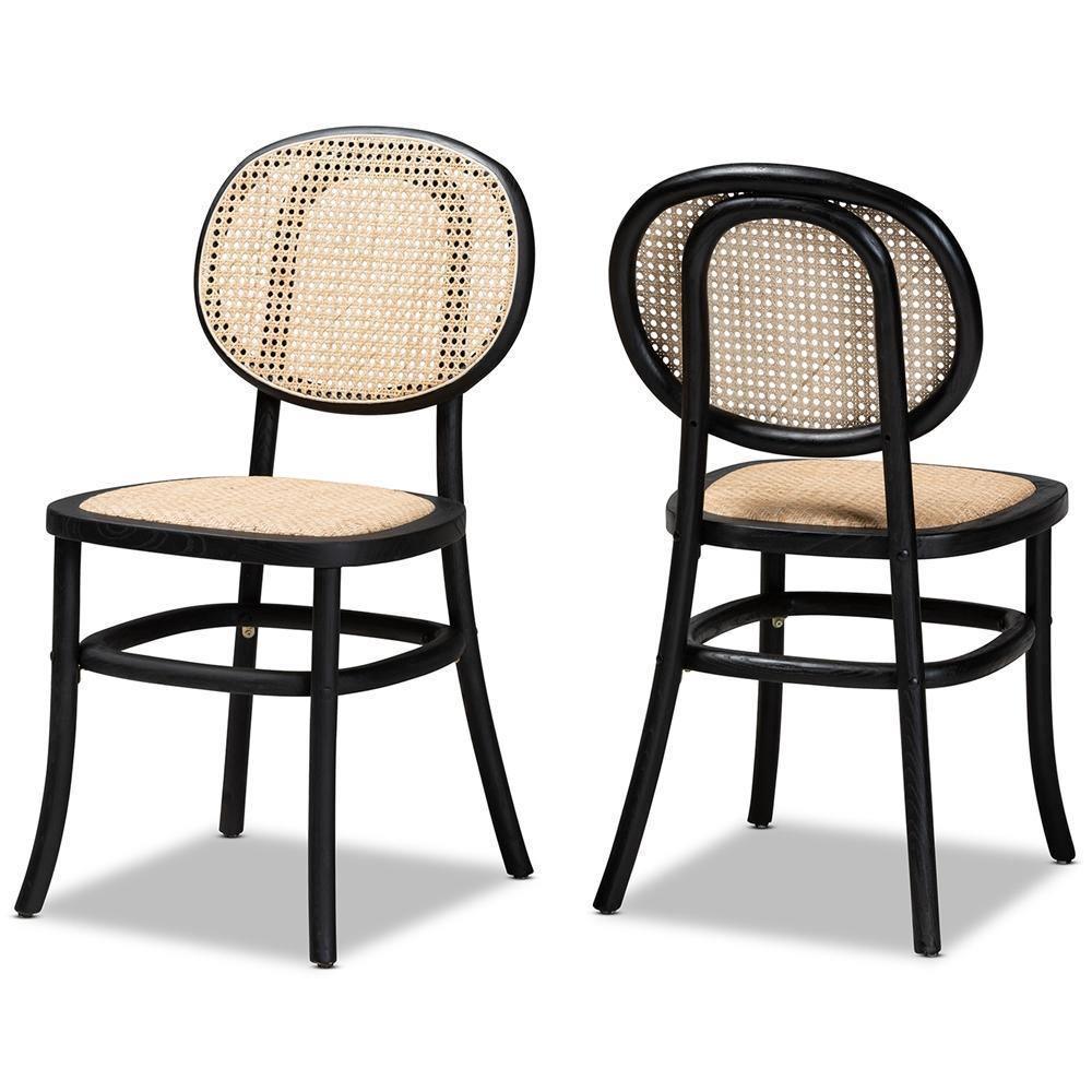 Garold Mid-Century Modern Brown Woven Rattan and Black Wood 2-Piece Cane Dining Chair Set FredCo
