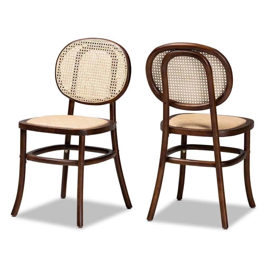 Garold Mid-Century Modern Brown Woven Rattan and Walnut Brown Wood 2-Piece Cane Dining Chair Set FredCo