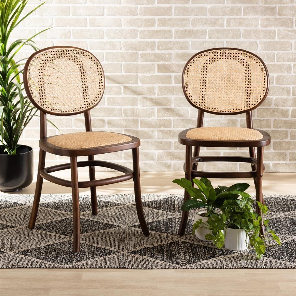 Garold Mid-Century Modern Brown Woven Rattan and Walnut Brown Wood 2-Piece Cane Dining Chair Set FredCo