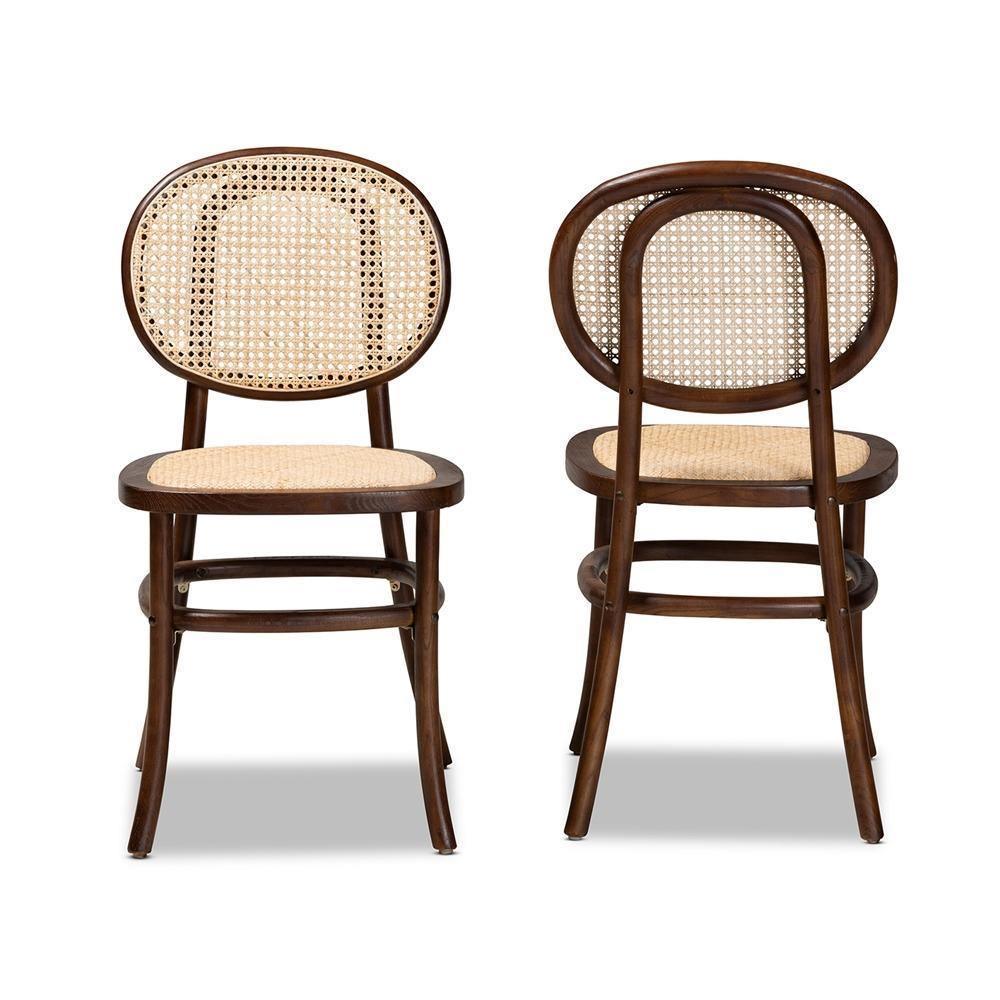 Garold Mid-Century Modern Brown Woven Rattan and Walnut Brown Wood 2-Piece Cane Dining Chair Set FredCo