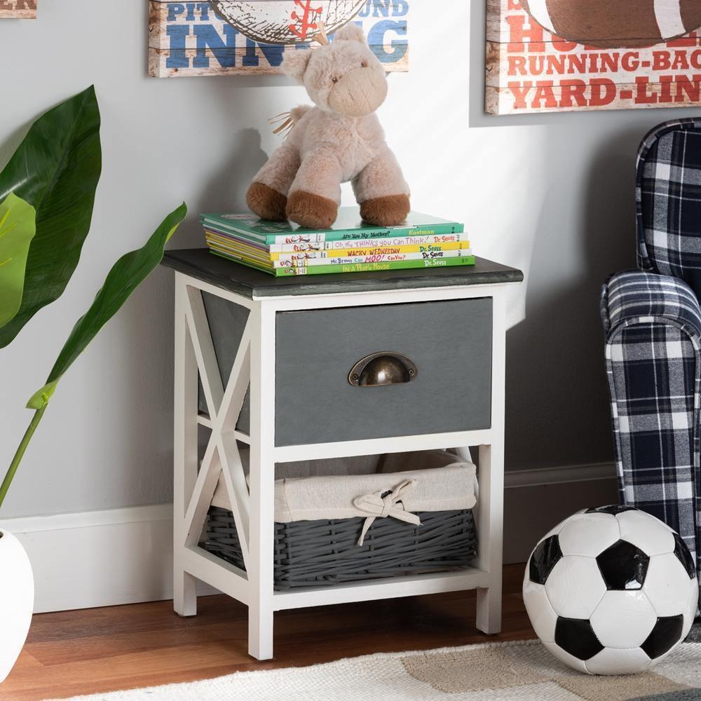 Garridan Modern and Contemporary Two-Tone Grey and White Finished Wood 1-Drawer Storage Unit with Basket FredCo