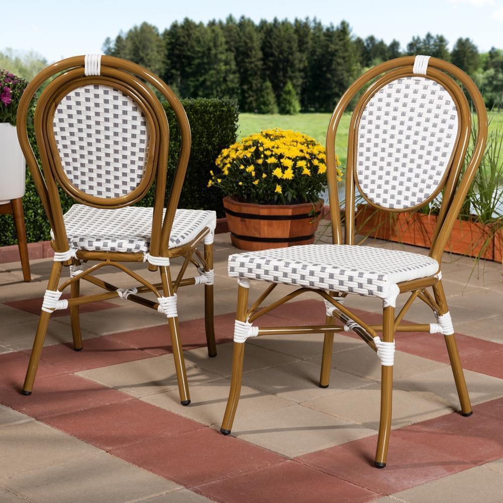 Gauthier Classic French Indoor and Outdoor Grey and White Bamboo Style Stackable Bistro Dining Chair Set of 2 FredCo