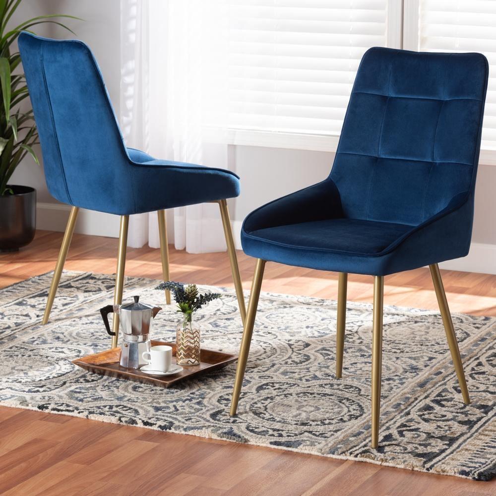 Gavino Modern Luxe and Glam Navy Blue Velvet Fabric Upholstered and Gold Finished Metal 2-Piece Dining Chair Set FredCo