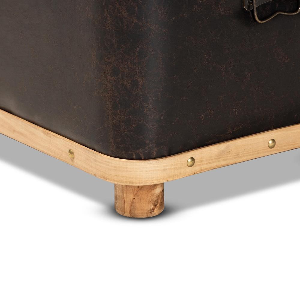 Gendry Modern Rustic Transitional Dark Brown Faux Leather Upholstered and Oak Brown Finished Wood Large Storage Ottoman FredCo