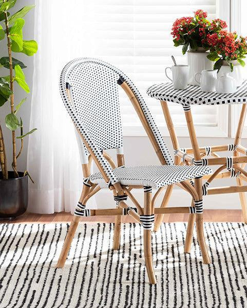 Genica Classic French Black and White Weaving and Natural Brown Rattan Dining Chair FredCo