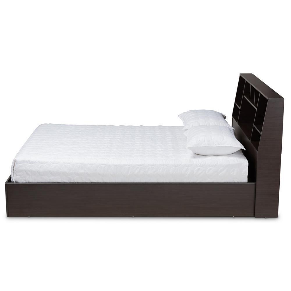Geoffrey Modern and Contemporary Dark Brown Finished Wood Queen Size Platform Storage Bed with Shelves FredCo