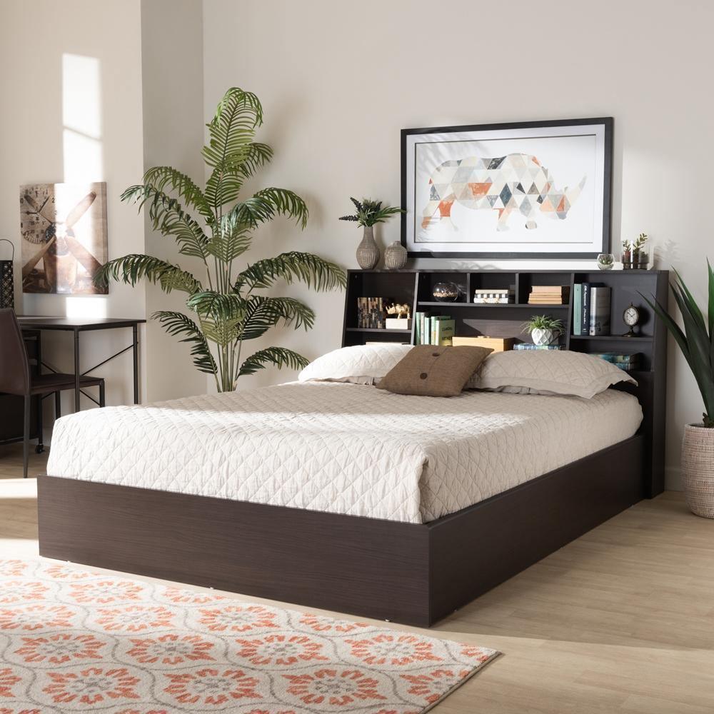 Geoffrey Modern and Contemporary Dark Brown Finished Wood Queen Size Platform Storage Bed with Shelves FredCo