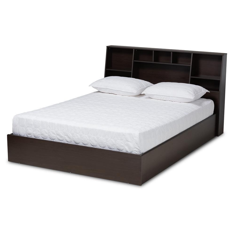Geoffrey Modern and Contemporary Dark Brown Finished Wood Queen Size Platform Storage Bed with Shelves FredCo