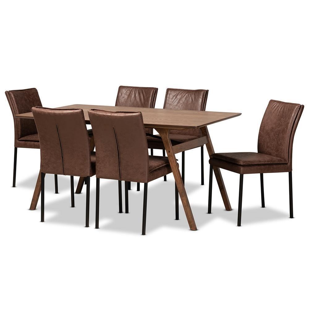 Gerard Modern and Contemporary Brown Fabric and Black Finished Metal with Walnut Brown Finished Wood 7-Piece Dining Set FredCo