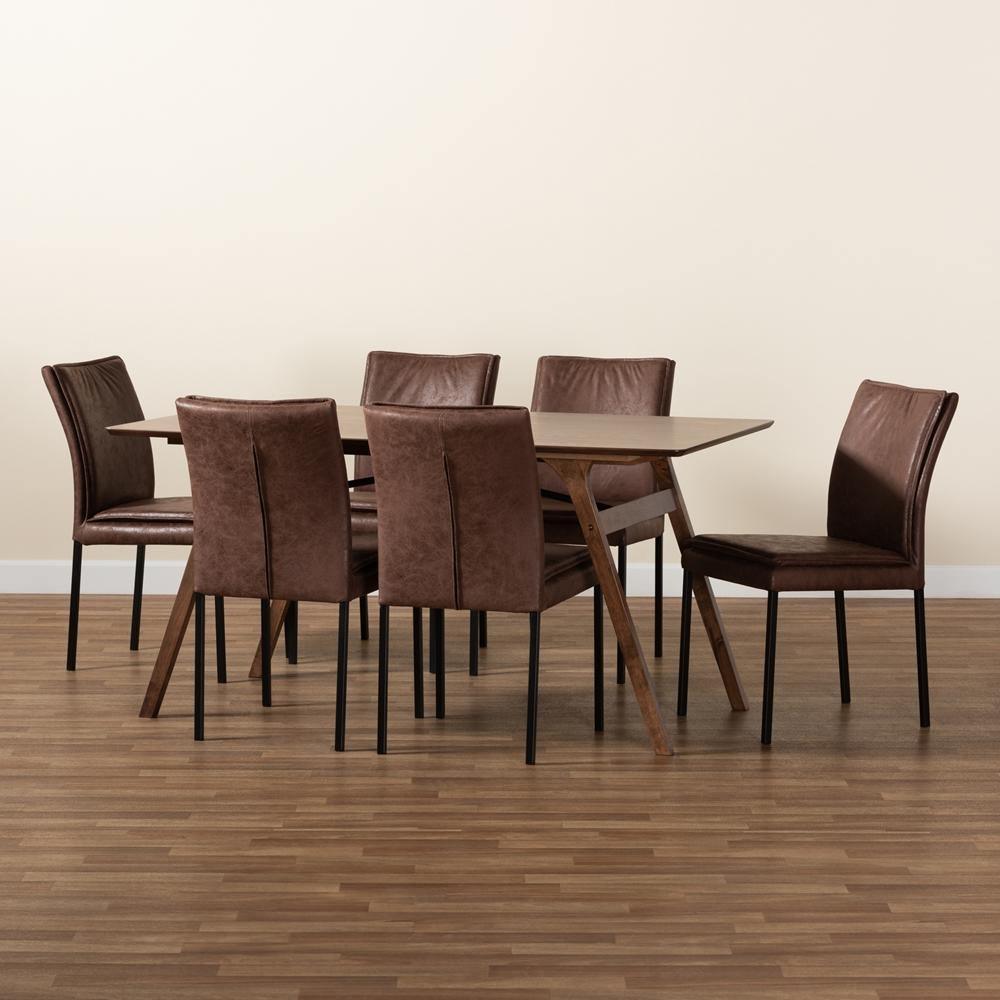 Gerard Modern and Contemporary Brown Fabric and Black Finished Metal with Walnut Brown Finished Wood 7-Piece Dining Set FredCo