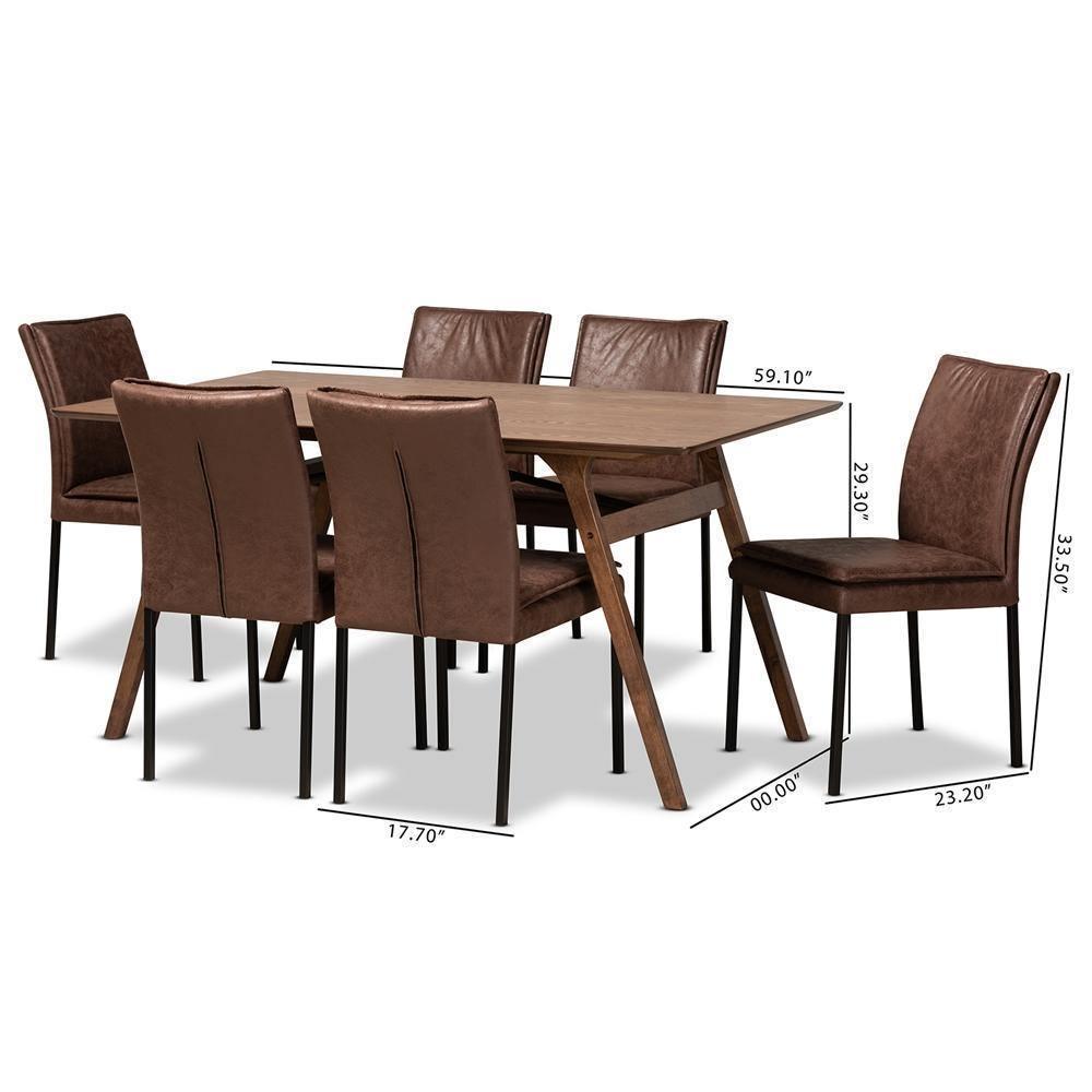 Gerard Modern and Contemporary Brown Fabric and Black Finished Metal with Walnut Brown Finished Wood 7-Piece Dining Set FredCo