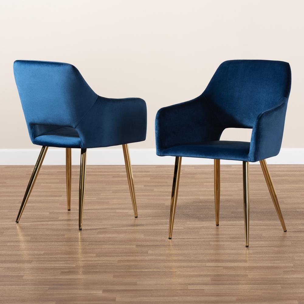 Germaine Glam and Luxe Navy Blue Velvet Fabric Upholstered Gold Finished 2-Piece Metal Dining Chair Set FredCo