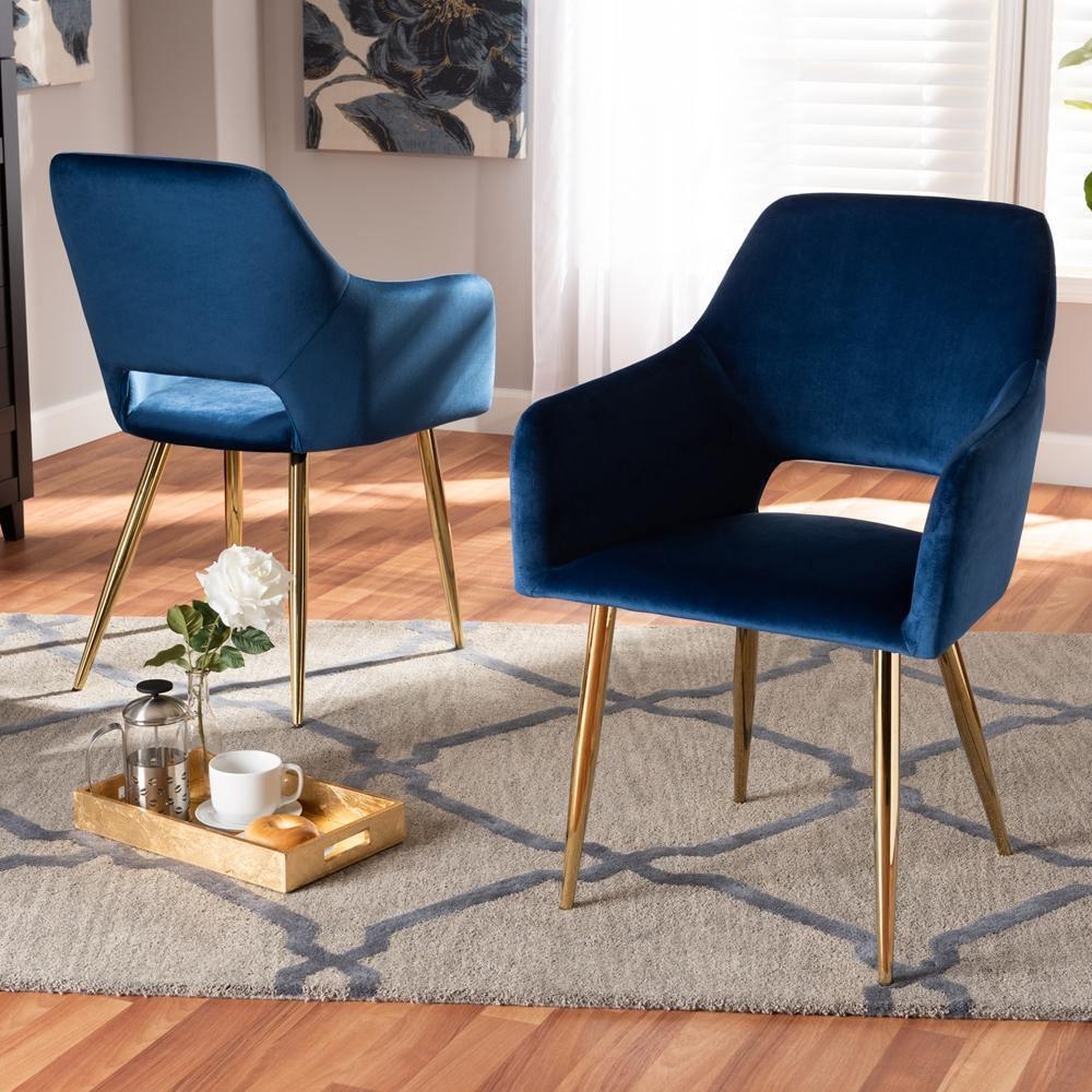 Germaine Glam and Luxe Navy Blue Velvet Fabric Upholstered Gold Finished 2-Piece Metal Dining Chair Set FredCo