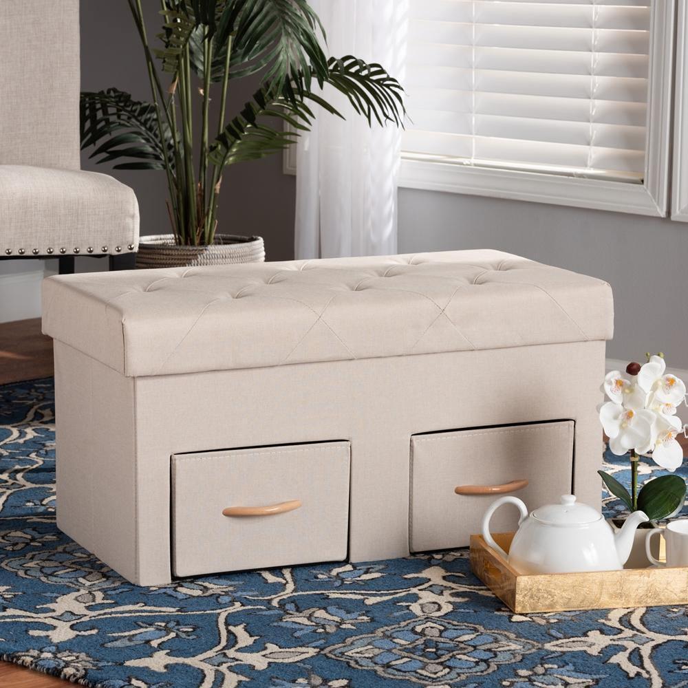 Gerwin Modern and Contemporary Beige Fabric Upholstered and Oak Brown Finished Wood 2-Drawer Storage Ottoman FredCo