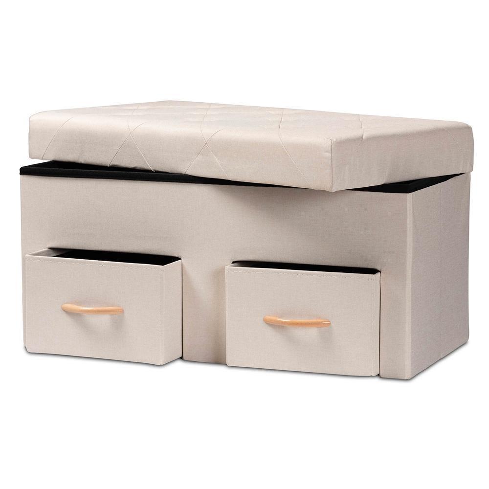 Gerwin Modern and Contemporary Beige Fabric Upholstered and Oak Brown Finished Wood 2-Drawer Storage Ottoman FredCo