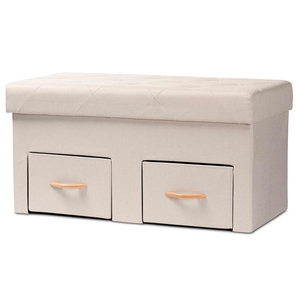 Gerwin Modern and Contemporary Beige Fabric Upholstered and Oak Brown Finished Wood 2-Drawer Storage Ottoman FredCo